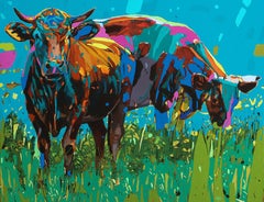 Vaches 04. Peinture à l'huile figurative et expressive, colorée, animaux, polonaise