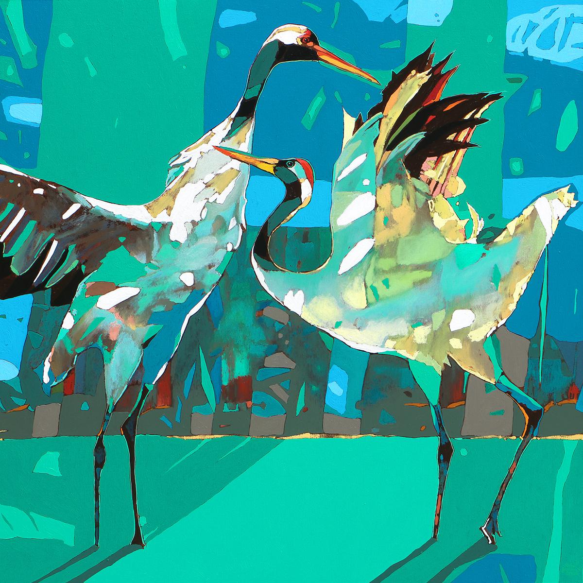 Rafał Gadowski Figurative Painting - Cranes 10. Contemporary Figurative Oil Painting, Pop art, Animals, Polish artist