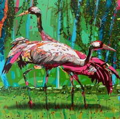 Cranes 7. Peinture à l'huile figurative colorée, Pop art, animaux, artiste polonais