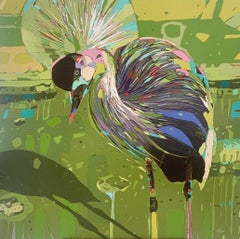 Peinture à l'huile figurative grue couronnée 6 - Pop art, animaux, artiste polonais