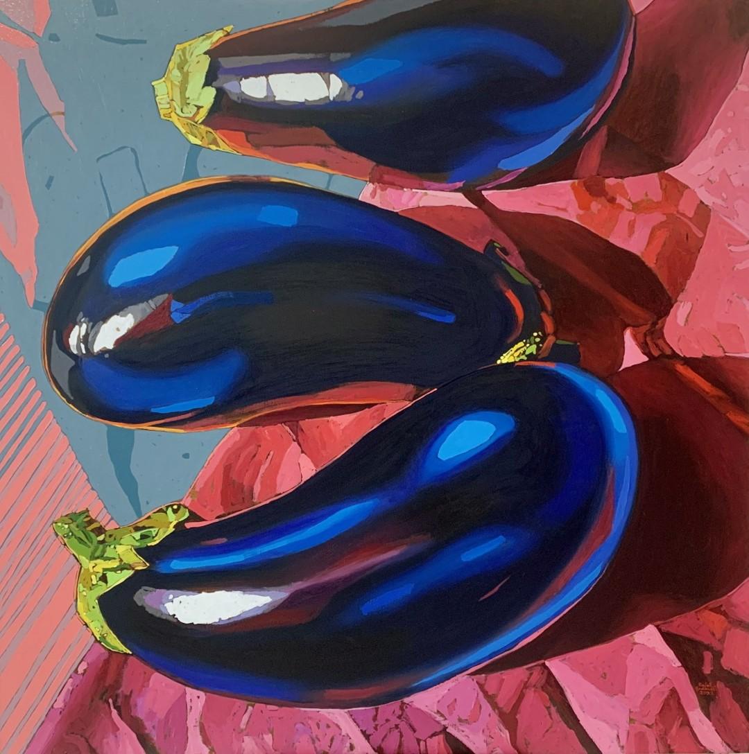 Rafał Gadowski Figurative Painting - Eggplant 3 - Figurative Oil Painting, Pop art, Still life, Polish artist