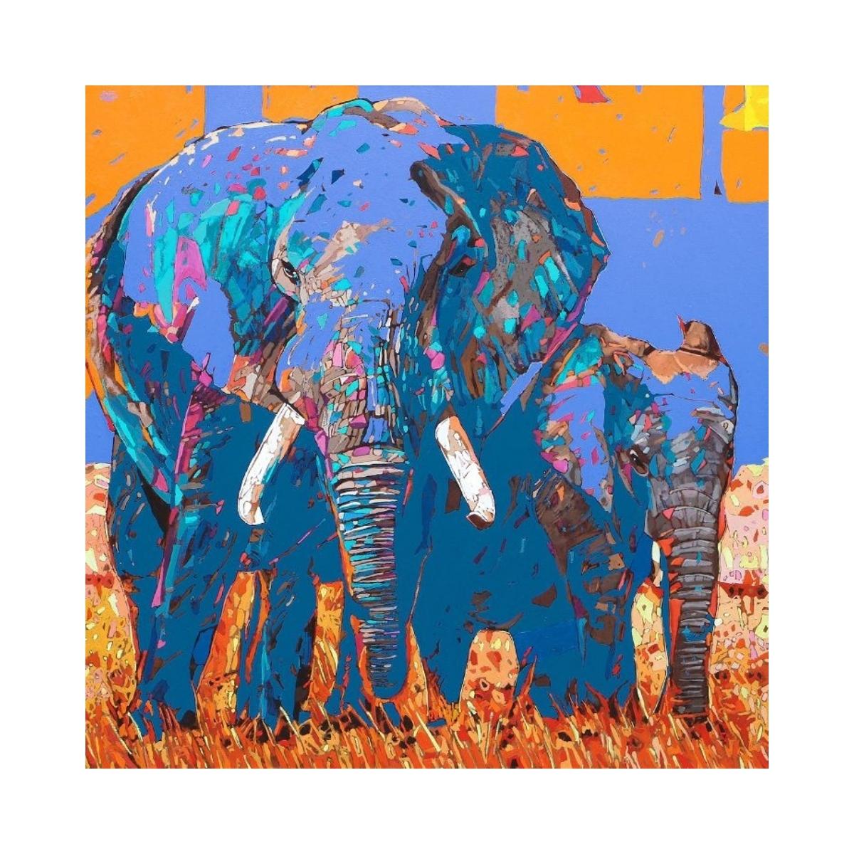 Elephants 04. Figurative Oil Painting, Colorful, Pop art, Animals, Polish artist