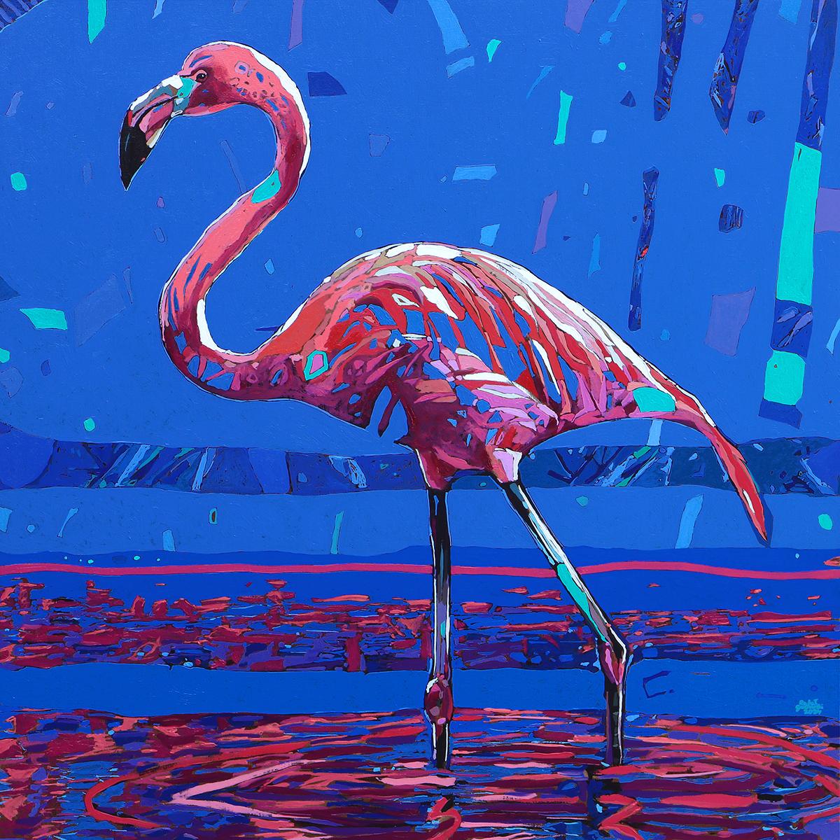 Rafał Gadowski Animal Painting – Flamingo 26. Figuratives Ölgemälde, farbenfrohes, Pop-Art, Tiere, polnischer Künstler