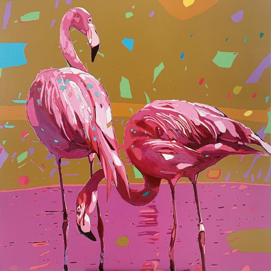 Rafał Gadowski Animal Painting - Flamingos 24 - Figurative Oil Painting, Pop art, Animals, Polish artist