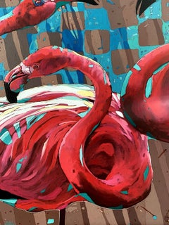 Flamants 25. Peinture à l'huile figurative, colorée, Pop art, animaux, artiste polonais