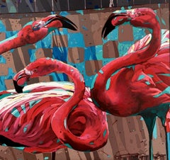 Flamingos 25. Figuratives Ölgemälde, farbenfrohes, Pop-Art, Tiere, polnischer Künstler