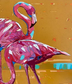Flamingos 27. Figurative Oil Painting, Colorful, Pop art, Animals, Polish artist