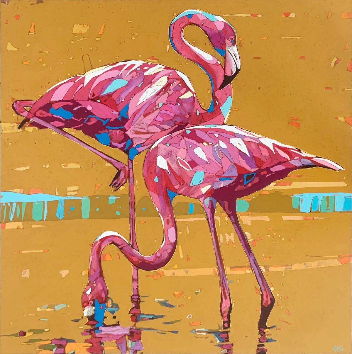 Animal Painting de Rafał Gadowski - Flamencos 27. Pintura al óleo figurativa, Colorido, Pop art, Animales, Artista polaco
