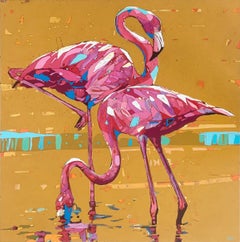 Flamingos 27. Figurative Oil Painting, Colorful, Pop art, Animals, Polish artist