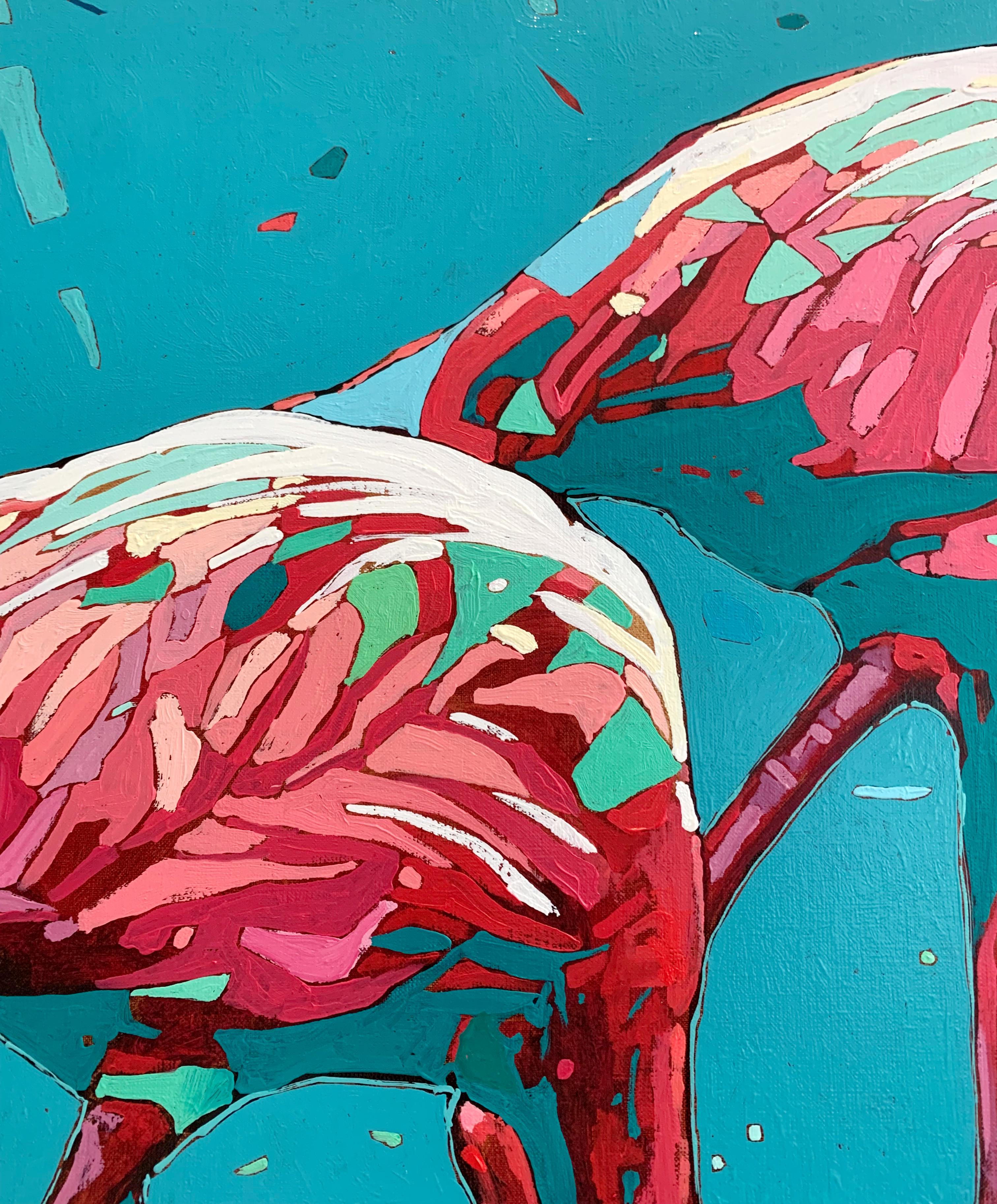 Flamingos 29. Figurative Oil Painting, Colorful, Pop art, Animals, Polish artist - Blue Animal Painting by Rafał Gadowski
