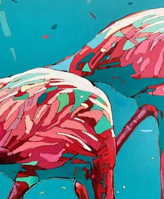 Flamants 29. Peinture à l'huile figurative, colorée, Pop art, animaux, artiste polonais