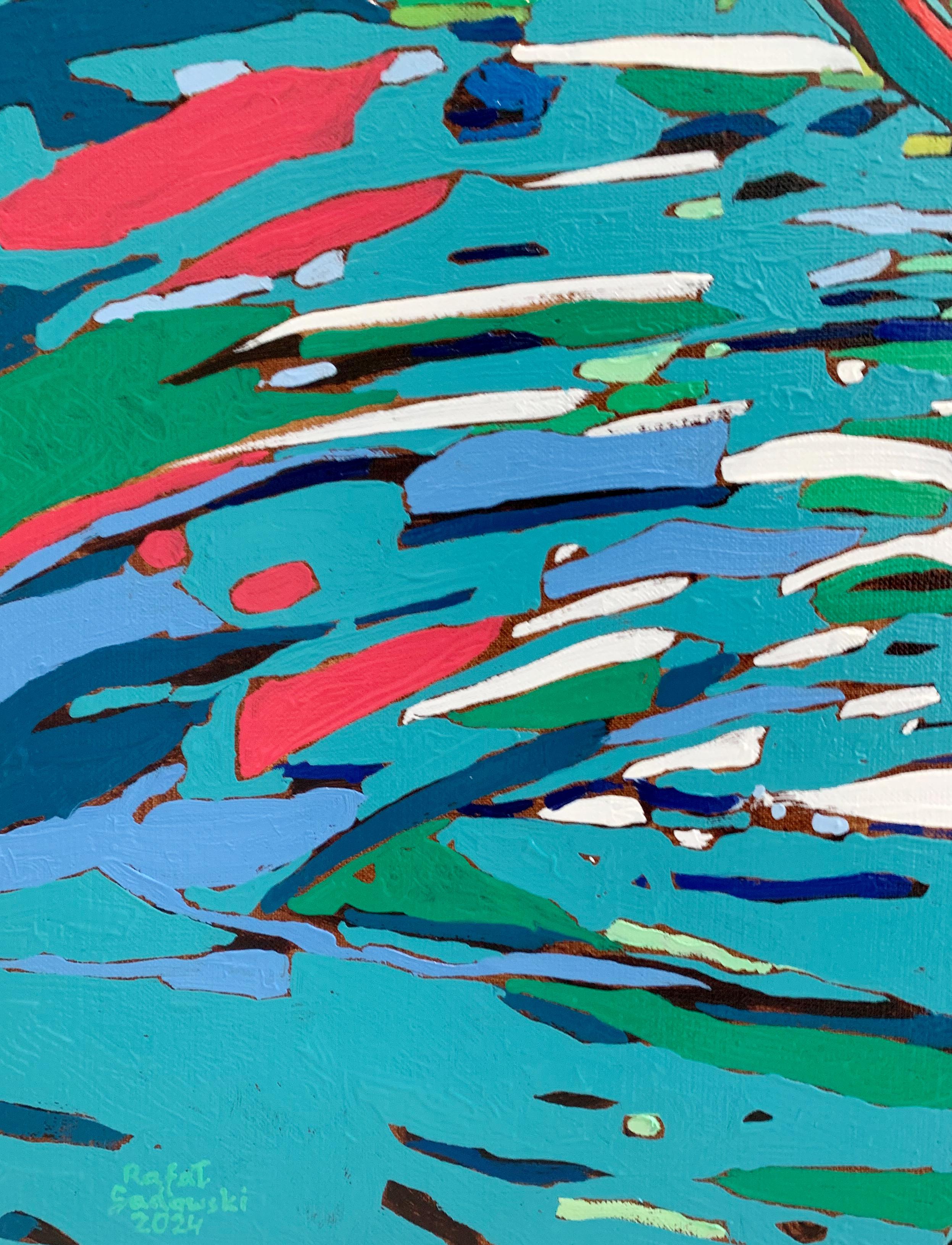 Contemporary figurative oil on canvas painting by Polish artist Rafal Gadowski. Painting in pop art style depicting two flamingos. Painting is bright with many dynamic shapes. Main colours are pink and blue/teal.Title of this painting is 'Flamingos