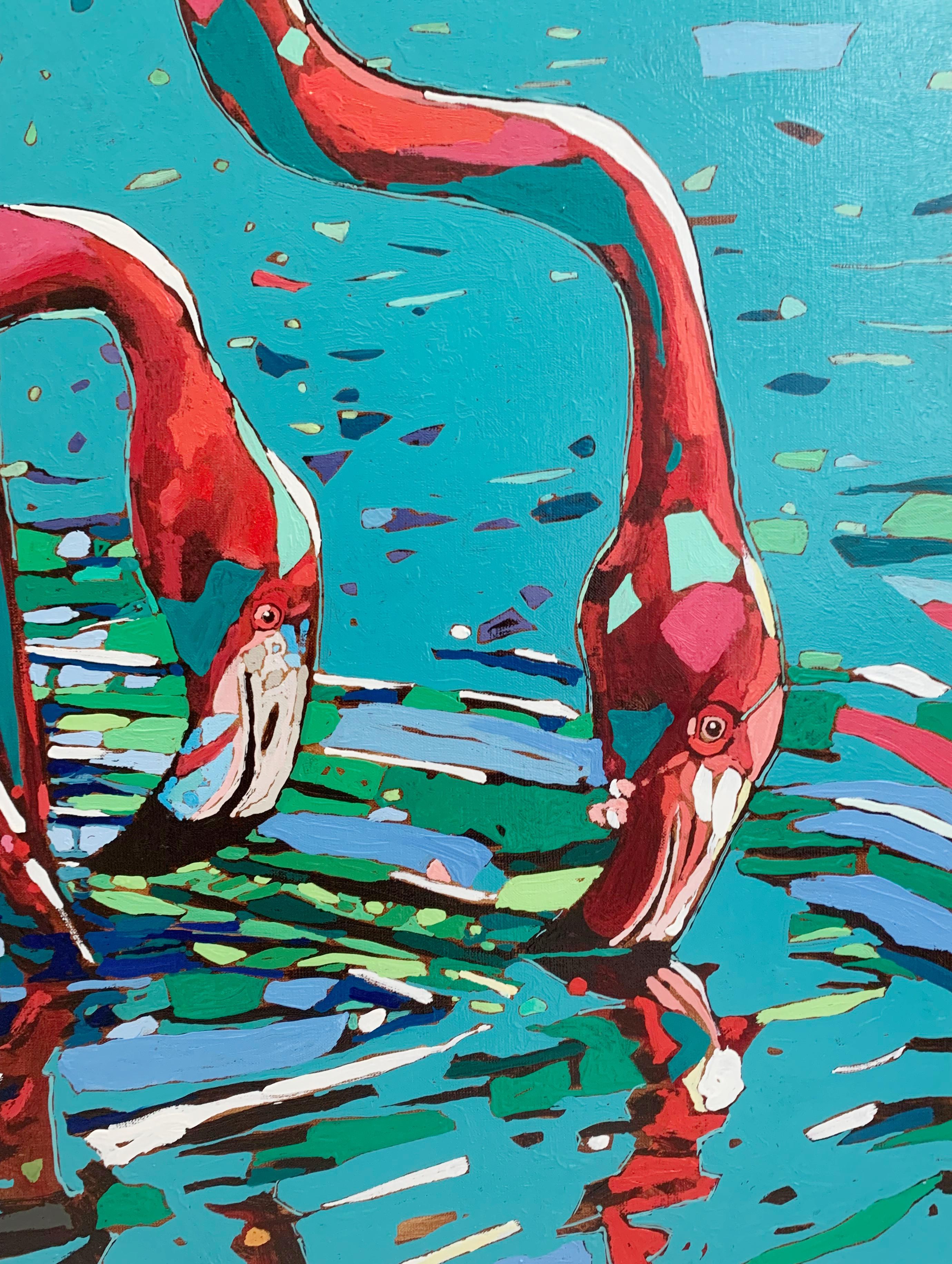 Flamingos 29. Figurative Oil Painting, Colorful, Pop art, Animals, Polish artist 2