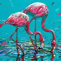 Flamingos 29. Figurative Oil Painting, Colorful, Pop art, Animals, Polish artist