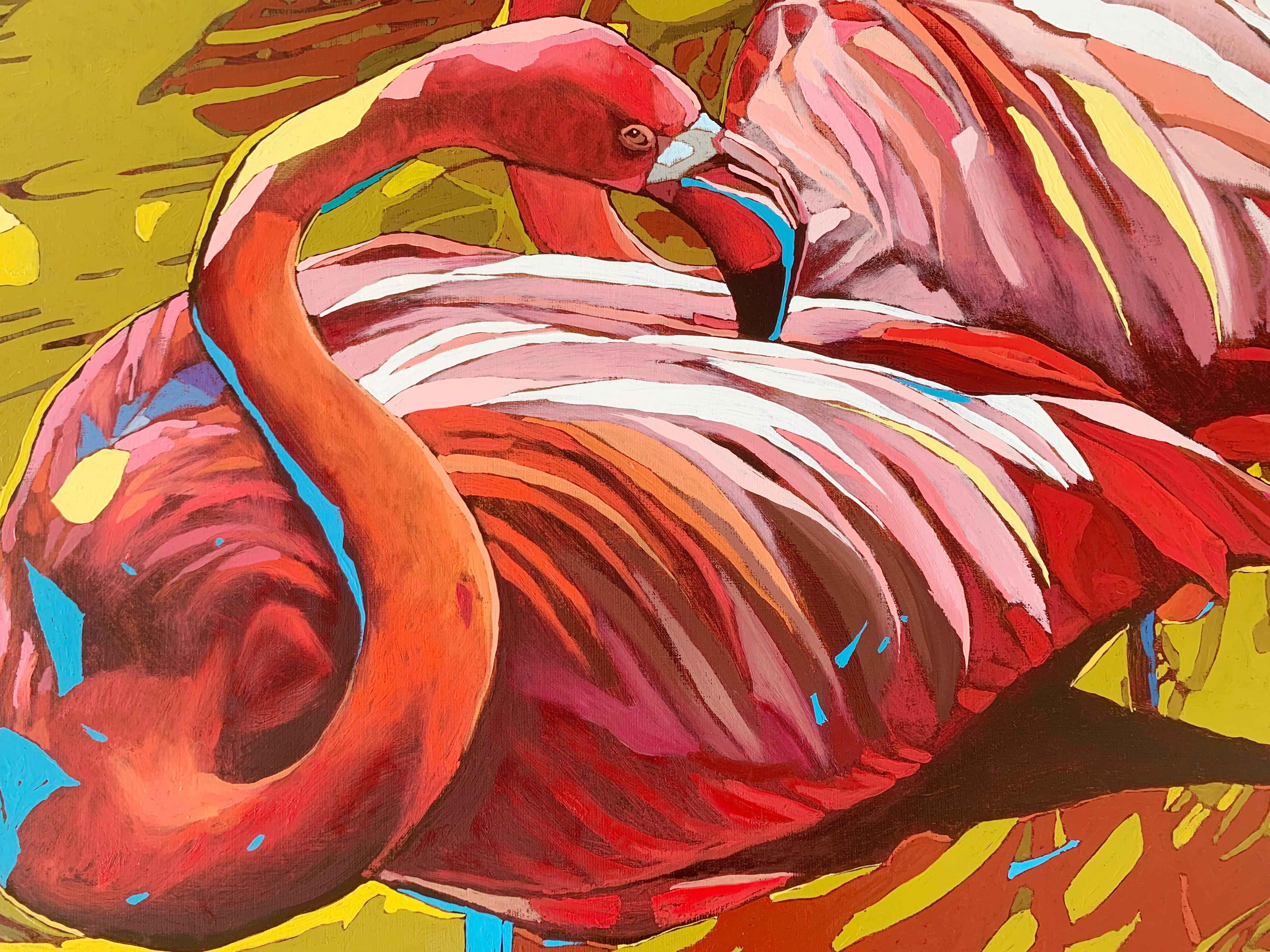 Flamencos 31. Pintura al óleo figurativa, Colorido, Pop art, Animales, Artista polaco - Painting de Rafał Gadowski