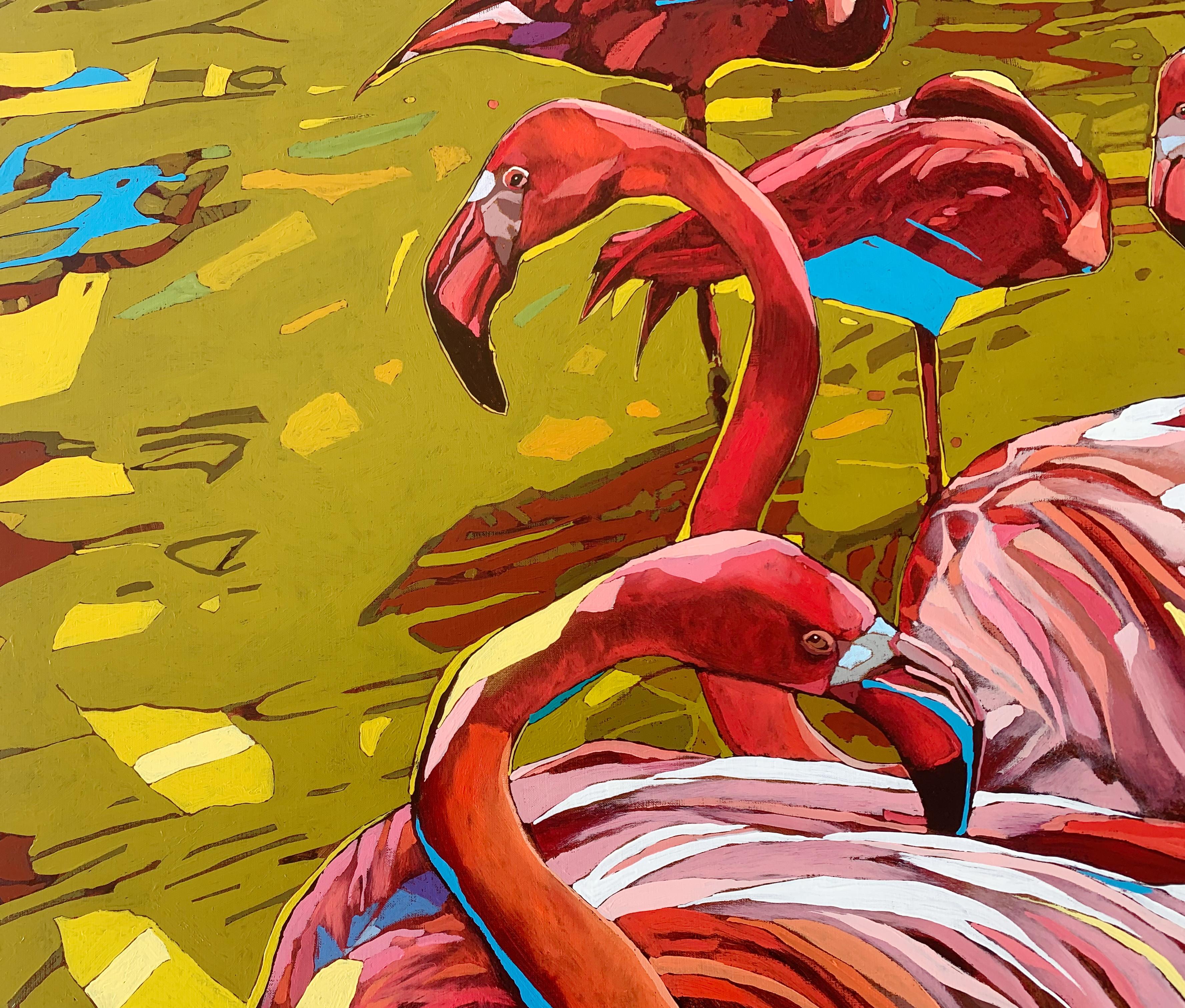 Flamencos 31. Pintura al óleo figurativa, Colorido, Pop art, Animales, Artista polaco - Figurative Painting Marrón de Rafał Gadowski