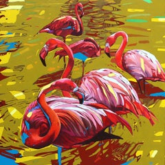 Flamencos 31. Pintura al óleo figurativa, Colorido, Pop art, Animales, Artista polaco