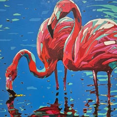Flamencos 32. Pintura al Óleo Figurativa Expresiva, Colorido, Animales, Polaco