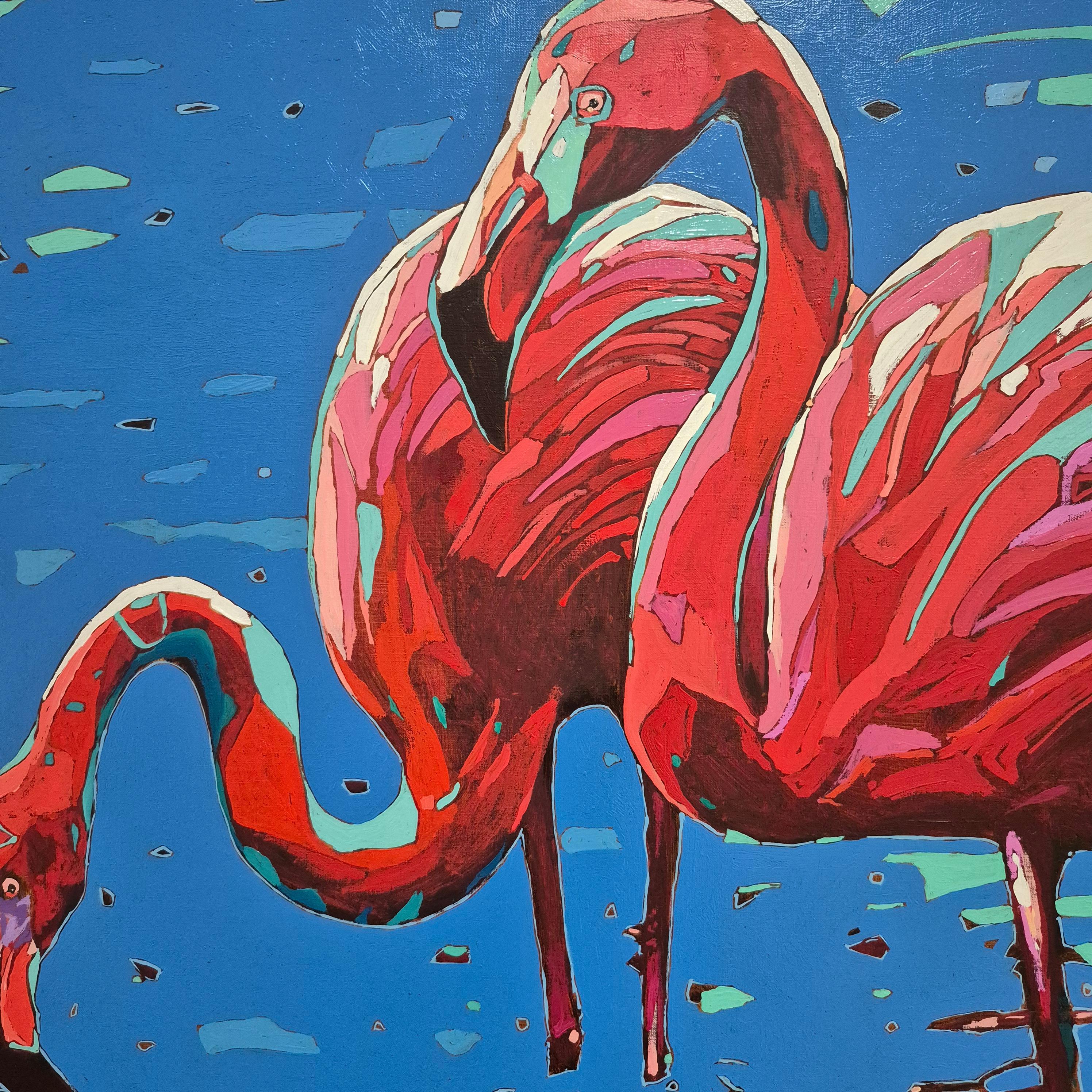Contemporary figurative oil on canvas painting by Polish artist Rafal Gadowski. Painting in pop art style depicting colourful flamingos. The colours and composition are vibrant. Main colours are blue, pink, and red. This painting is a part of the