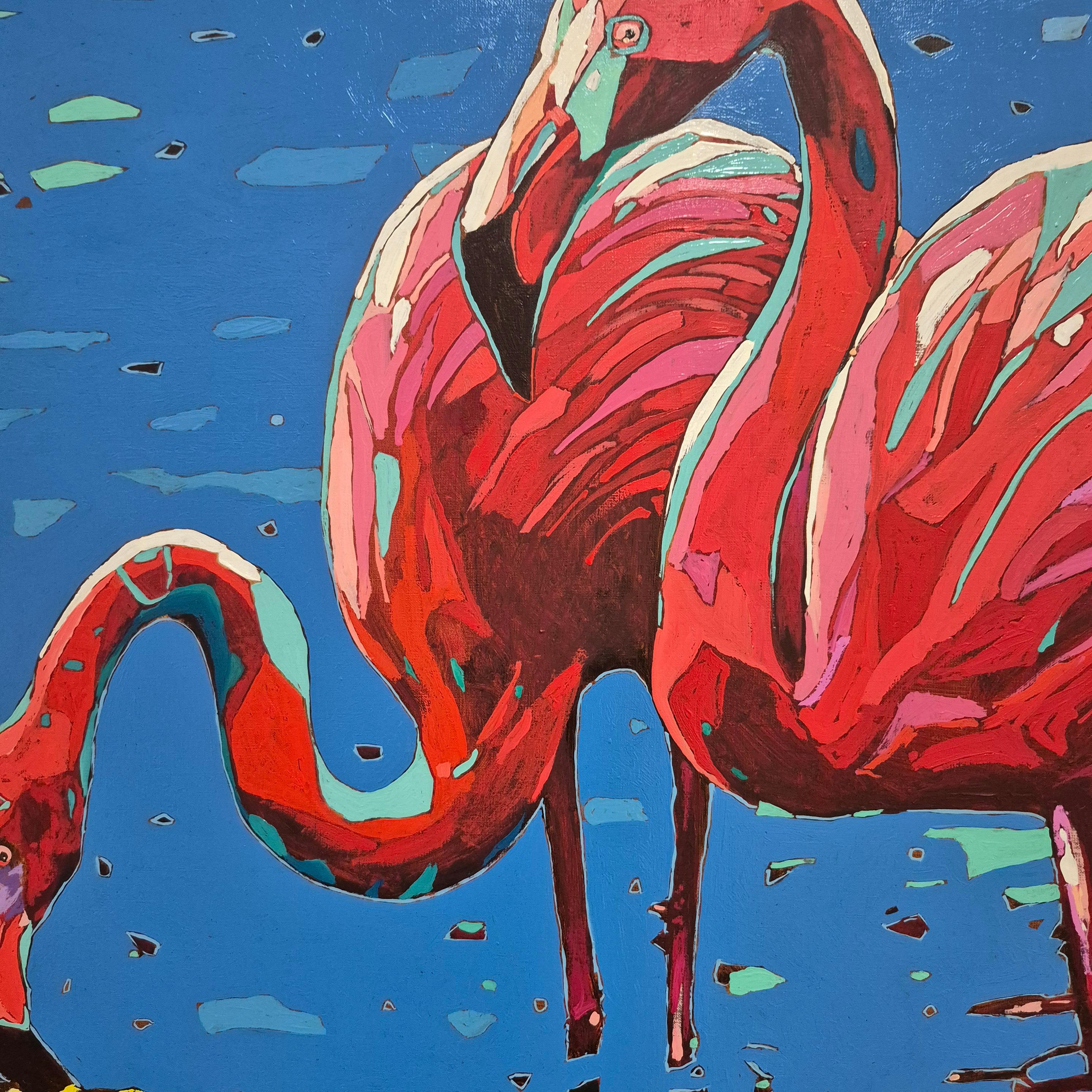 Flamingos 32. Figurative Expressive Oil Painting, Colorful, Animals, Polish For Sale 1