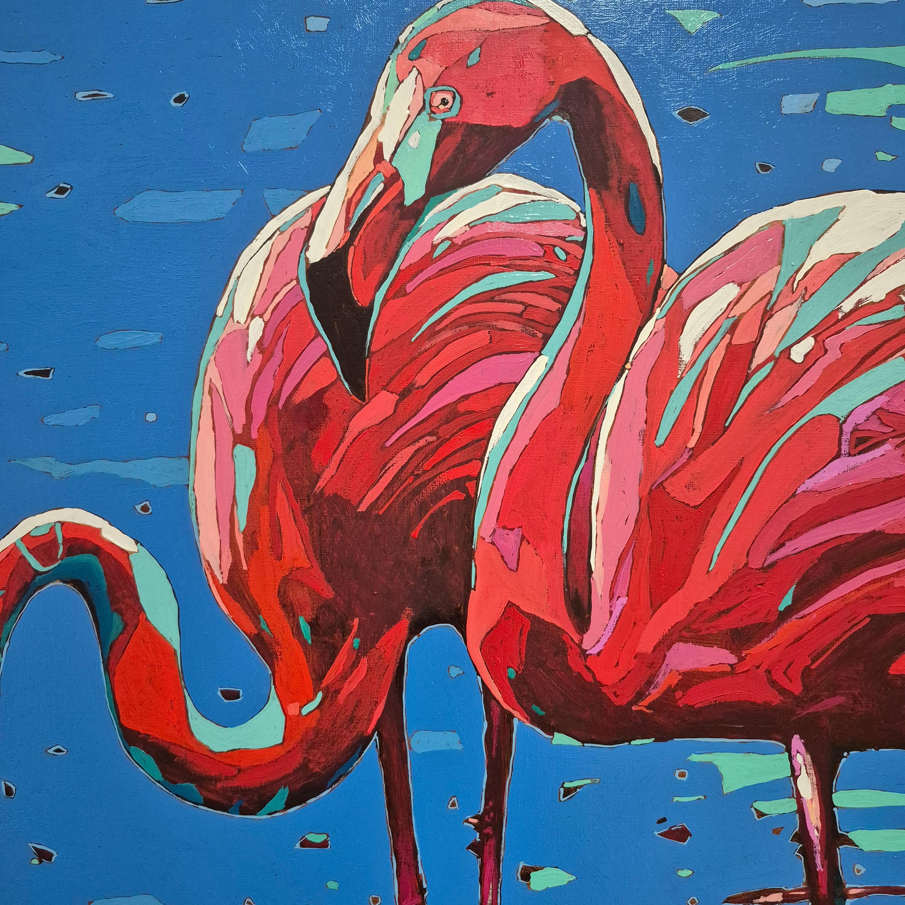 Flamingos 32. Figurative Expressive Oil Painting, Colorful, Animals, Polish For Sale 4