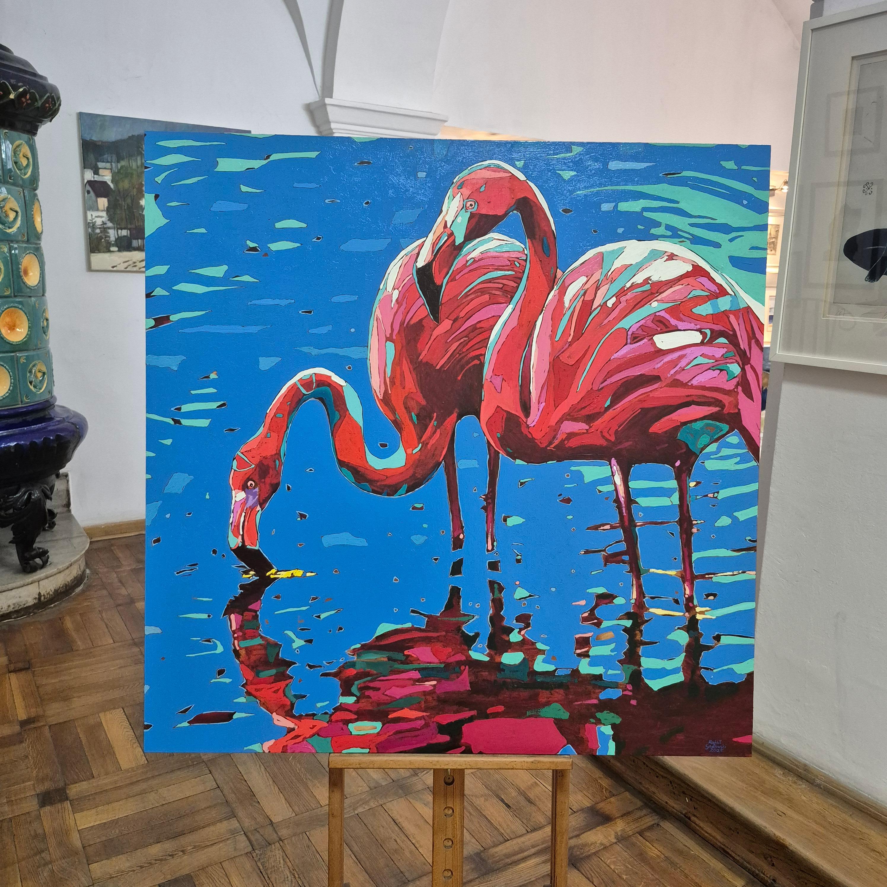 Flamingos 32. Figurative Expressive Oil Painting, Colorful, Animals, Polish For Sale 5