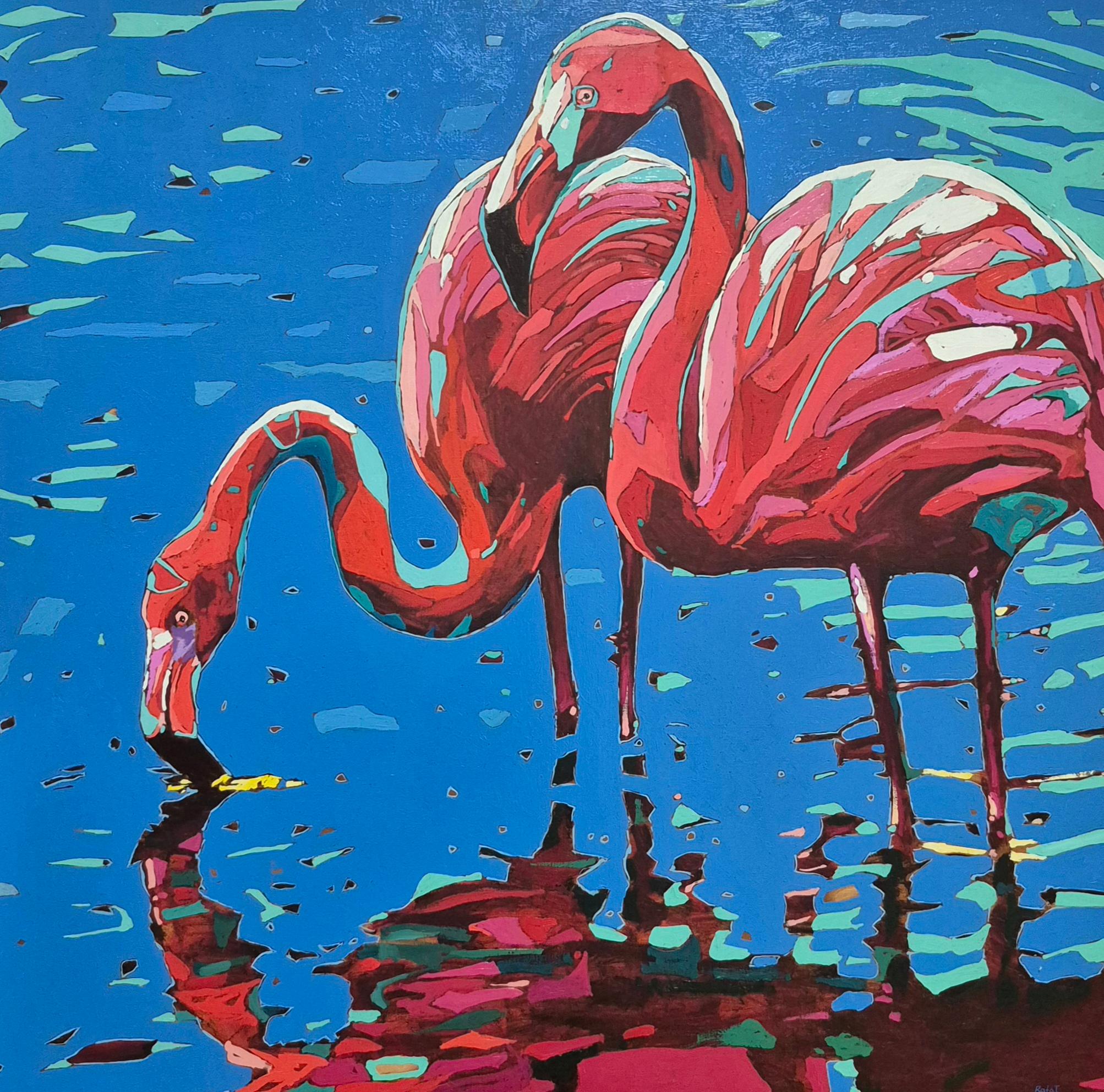 Flamingos 32. Figurative Expressive Oil Painting, Colorful, Animals, Polish For Sale 6