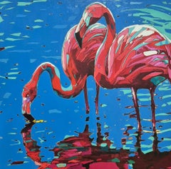 Flamingos 32. Figurative Expressive Oil Painting, Colorful, Animals, Polish