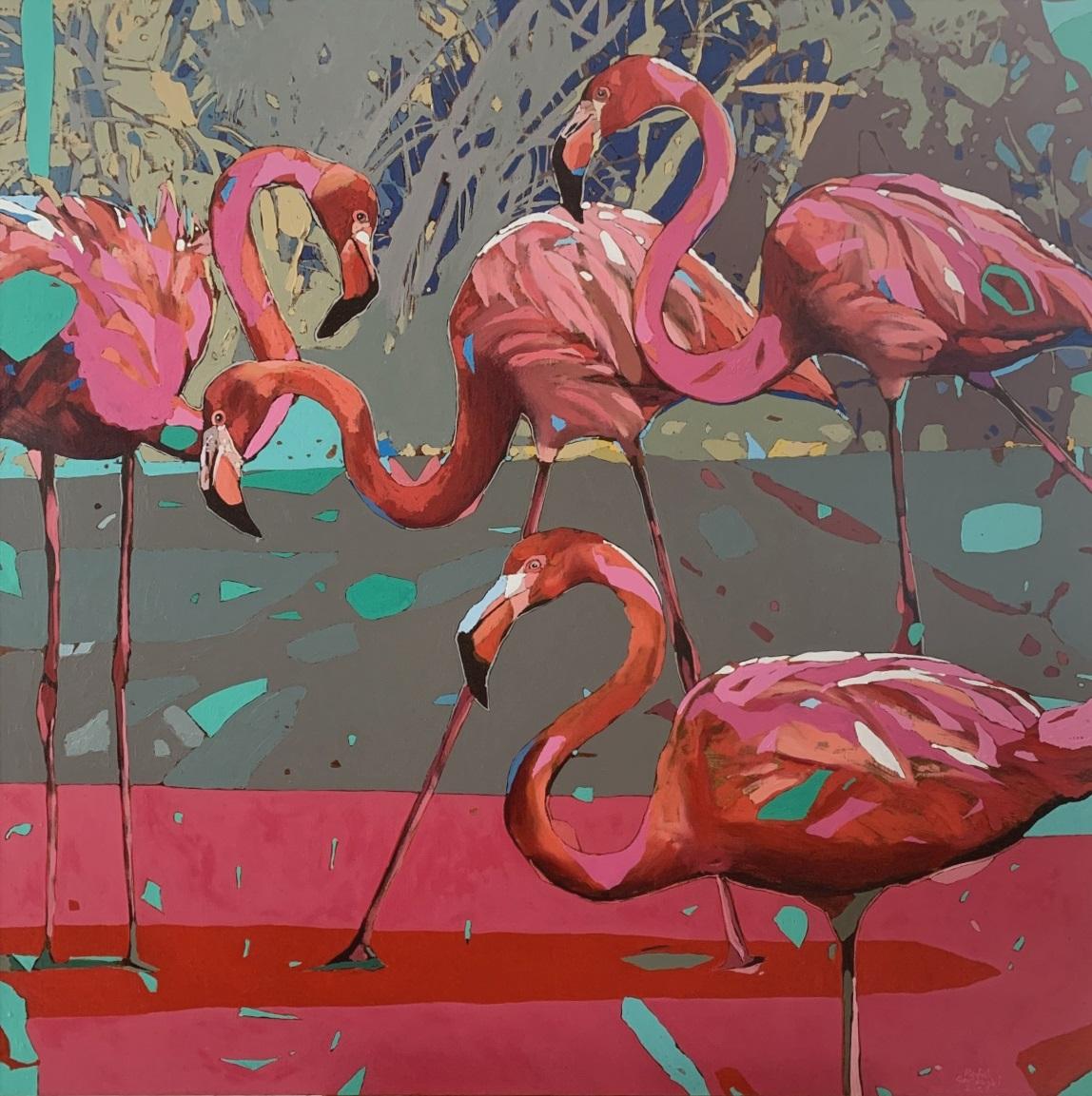 Animal Painting Rafał Gadowski - Flamingos 23 - Peinture à l
huile figurative, Pop art, Animals, artiste polonais