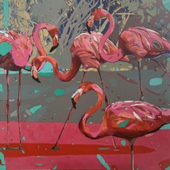 Flamingos 23 - Figurative Oil Painting, Pop art, Animals, Polish artist
