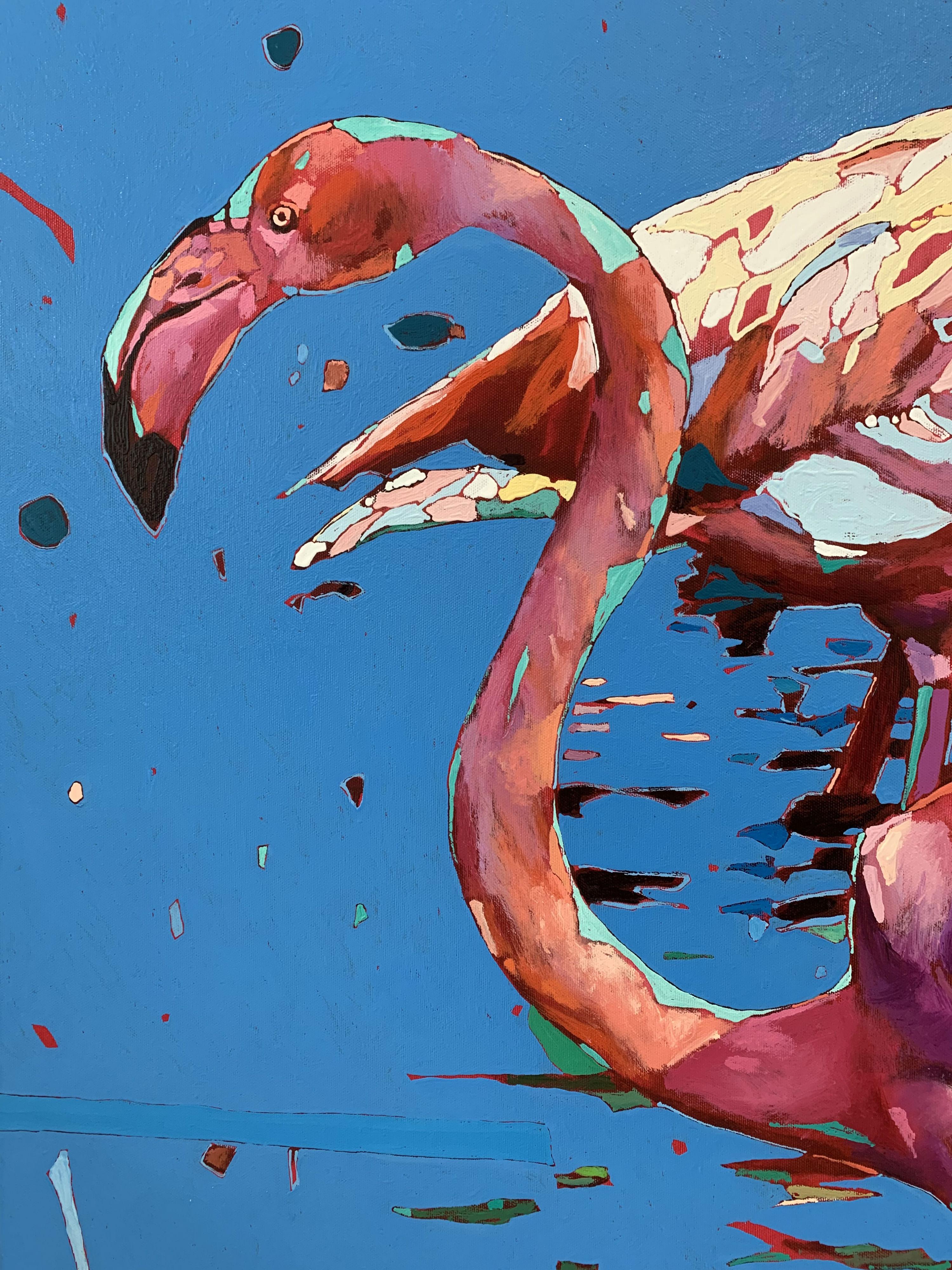 Flamingos - XXI Century, Contemporary Figurative Oil Painting, Animals, Pop art - Blue Animal Painting by Rafał Gadowski