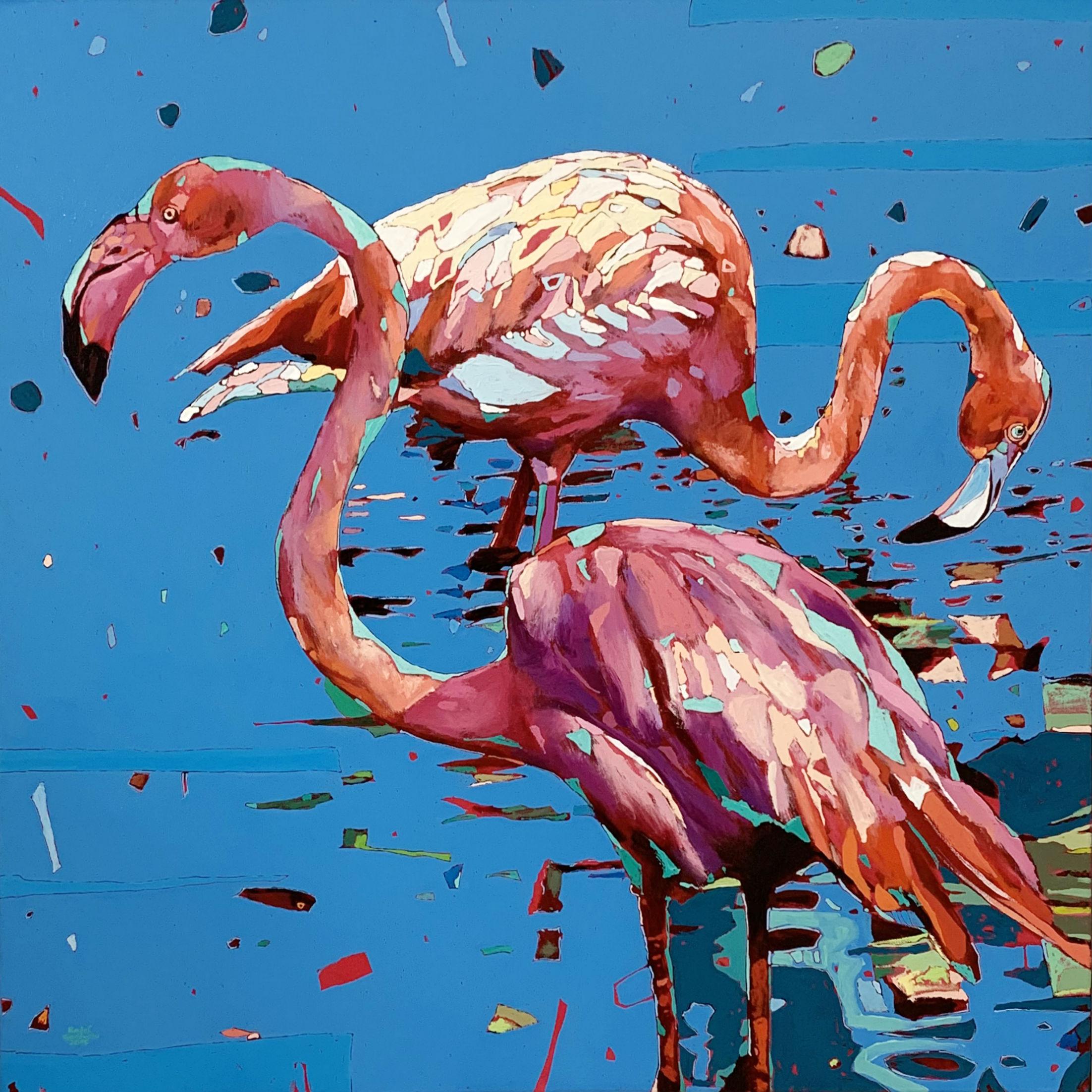 Rafał Gadowski Animal Painting - Flamingos - XXI Century, Contemporary Figurative Oil Painting, Animals, Pop art