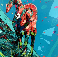 Ziege 09. Figuratives Ölgemälde, farbenfrohes, Pop-Art, Tiere, polnischer Künstler
