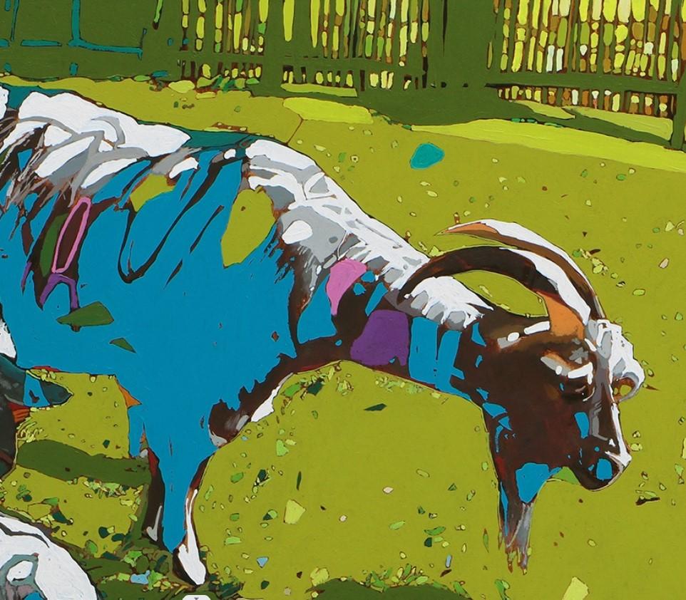 Chèvres 08. Peinture à l'huile figurative et expressive, colorée, animaux, polonaise - Noir Figurative Painting par Rafał Gadowski