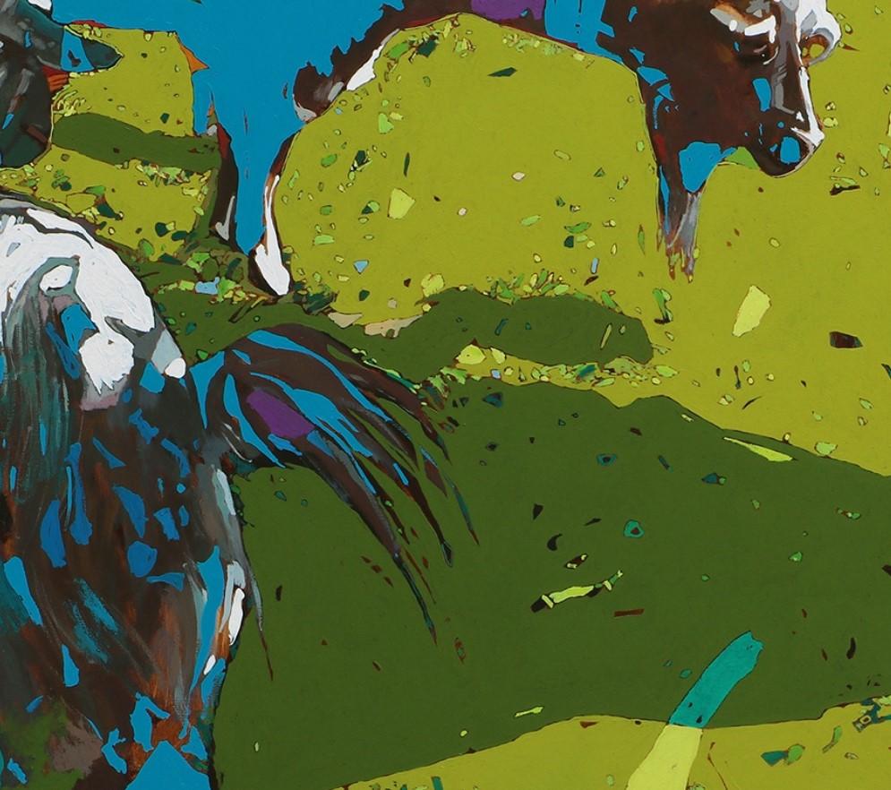 Peinture figurative contemporaine à l'huile sur toile de l'artiste polonais Rafal Gadowski. Peinture de style pop art représentant des flamants roses colorés. Les couleurs et la composition sont éclatantes. Les couleurs principales sont le bleu, le