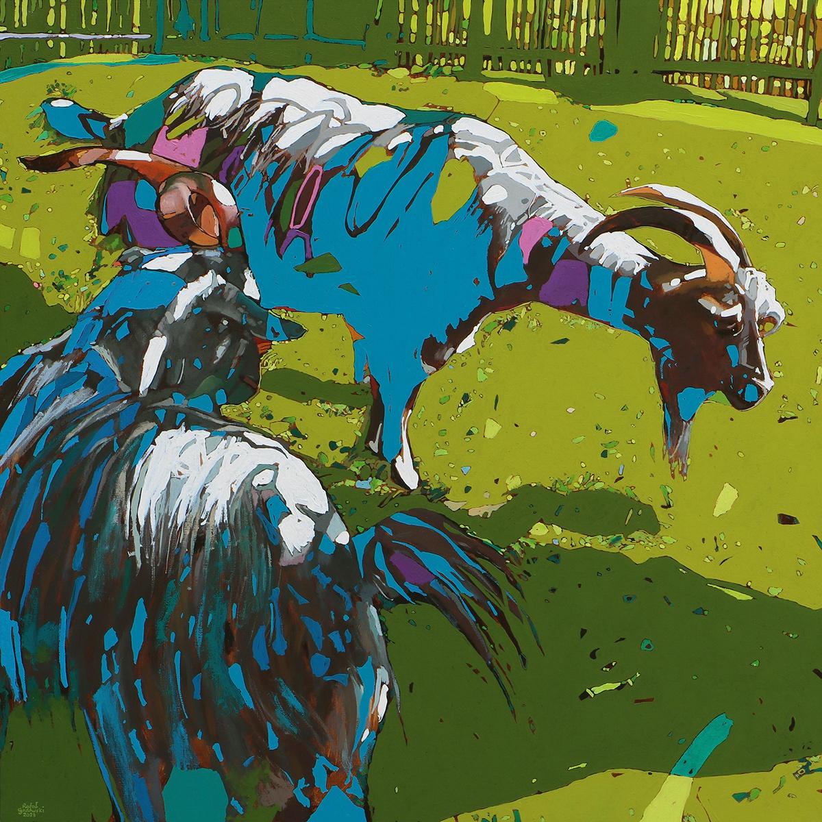 Chèvres 08. Peinture à l'huile figurative et expressive, colorée, animaux, polonaise