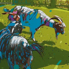 Chèvres 08. Peinture à l'huile figurative et expressive, colorée, animaux, polonaise