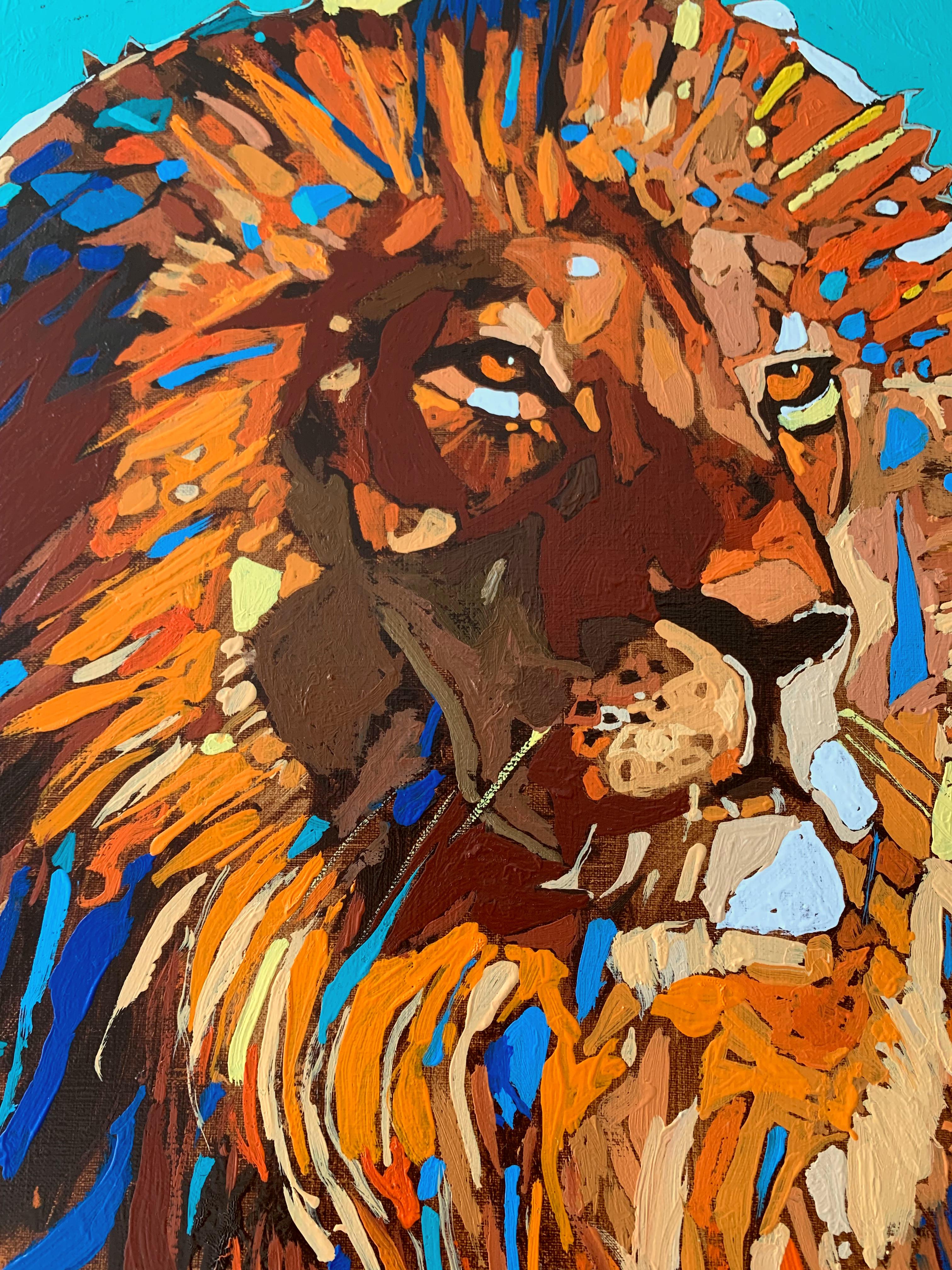 Contemporary figurative oil on canvas painting by Polish artist Rafal Gadowski. Painting in pop art style depicting two lions. The background is geometric and mostly in teal. Painting is bright with many dynamic shapes. Title of this painting is
