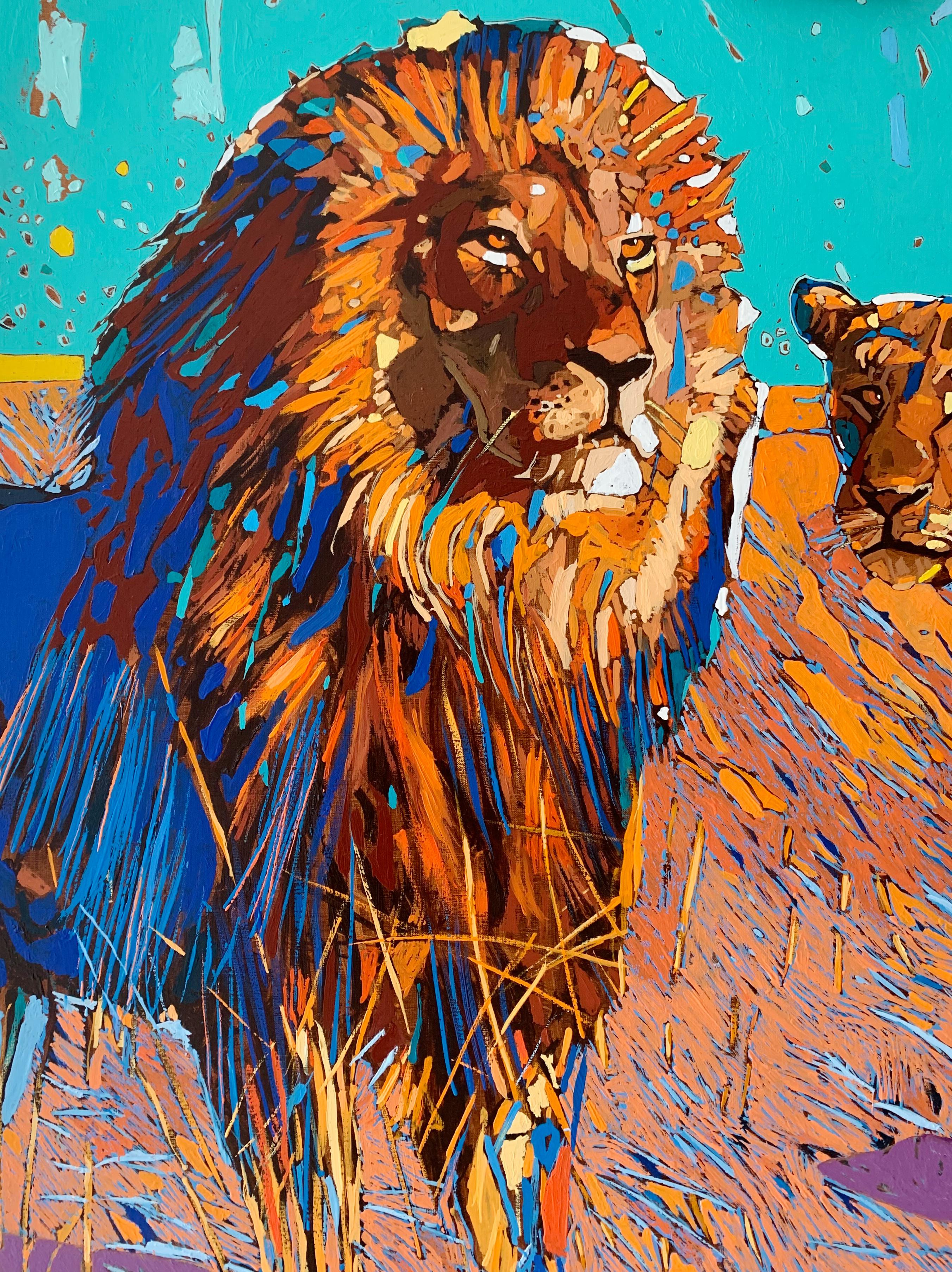 Quadro figurativo contemporaneo ad olio su tela dell'artista polacco Rafal Gadowski. Quadro in stile pop art che raffigura due leoni. Lo sfondo è geometrico e per lo più di colore verde acqua. La pittura è luminosa con molte forme dinamiche. Il