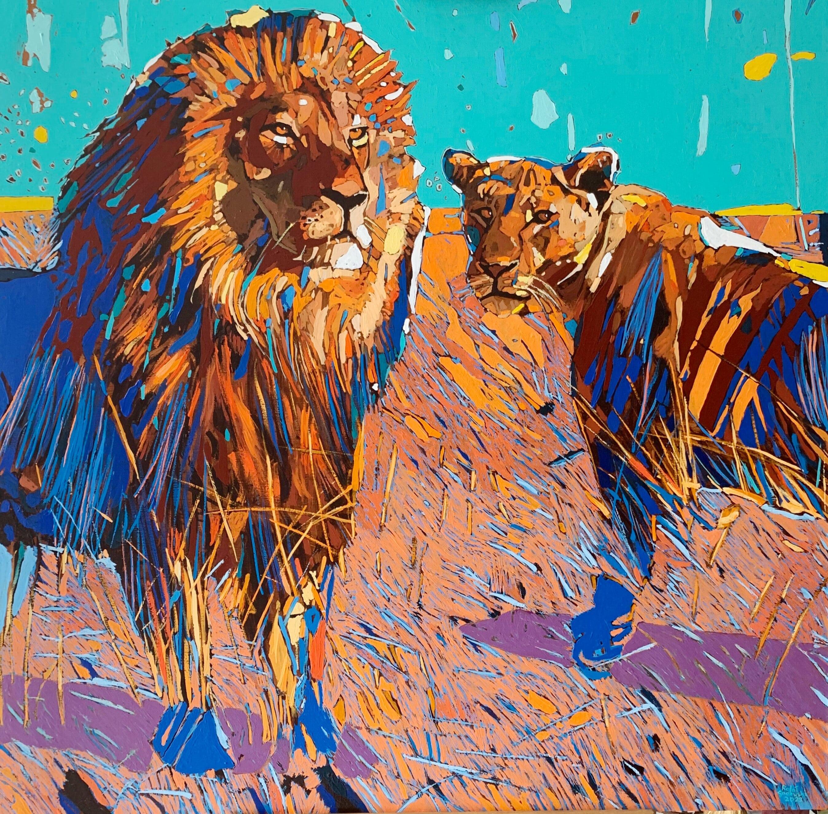 Rafał Gadowski Animal Painting - Lions 03. Figurative Oil Painting, Colorful, Pop art, Animals, Polish artist