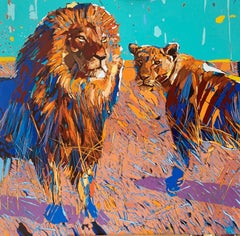 Lions 03. Peinture à l'huile figurative, colorée, Pop art, animaux, artiste polonais