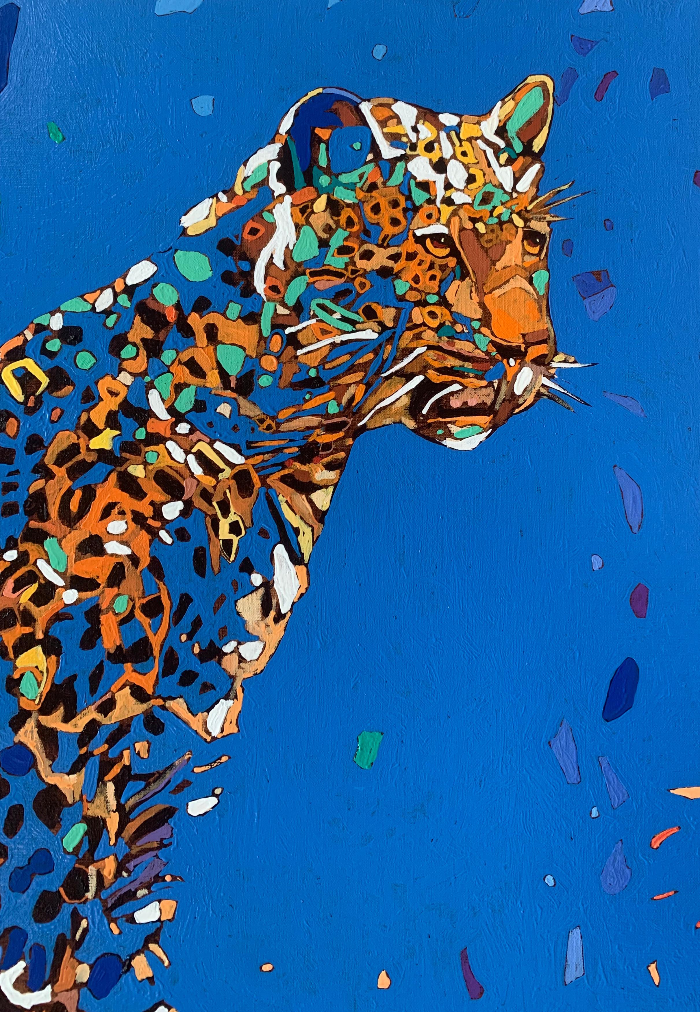Panther 10. Pittura ad olio figurativa, Colorata, Pop art, Animali, Artista polacco - Figurative Painting Blu di Rafał Gadowski