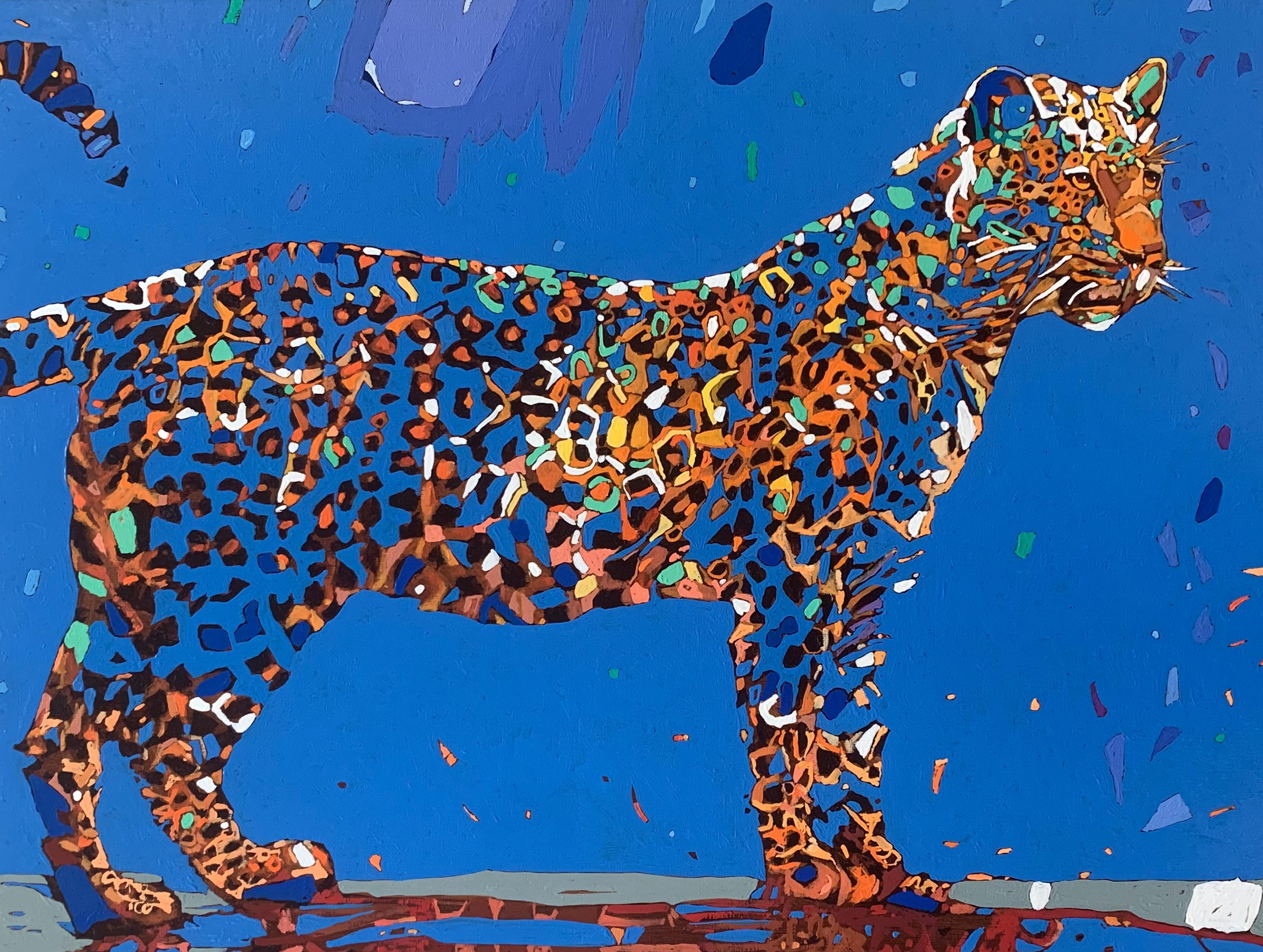 Zeitgenössisches figuratives Gemälde in Öl auf Leinwand des polnischen Künstlers Rafal Gadowski. Gemälde im Pop-Art-Stil mit der Darstellung eines Panthers. Die Malerei ist lebendig. Die Hauptfarben sind Orange und Blau. Der Titel dieses Gemäldes