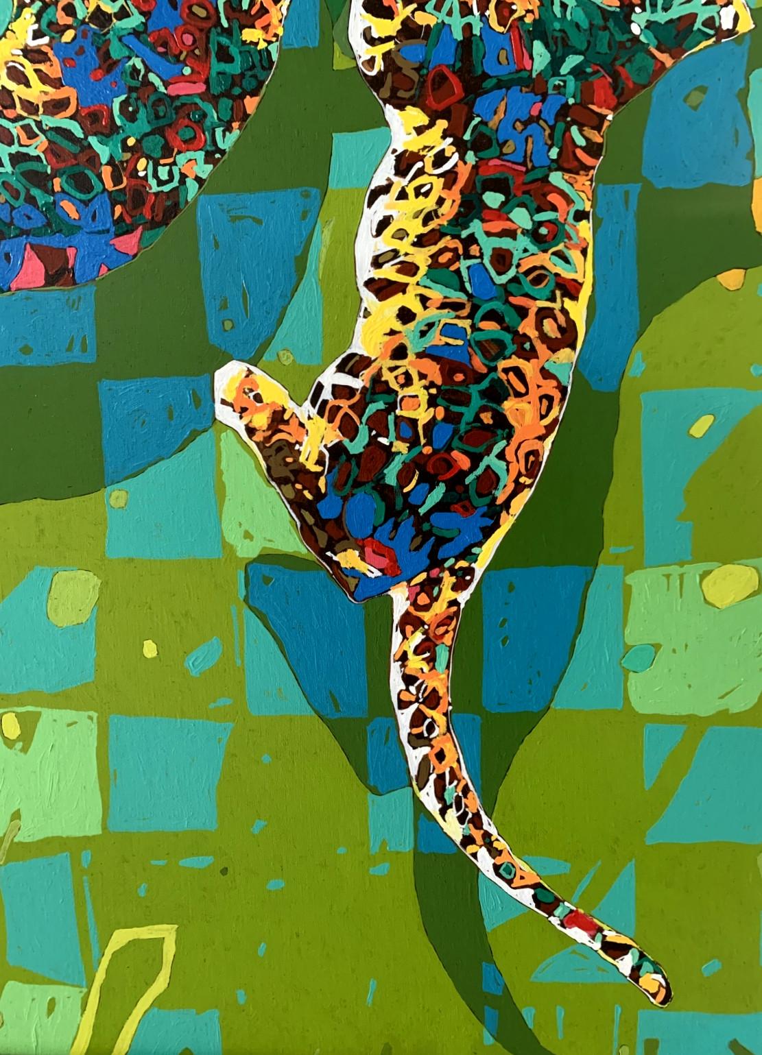 Contemporary figurtive oil on canvas painting by Polish artist Rafal Gadowski. Painting in pop art style depicting two wild cats - panthers climing onto a tree. Tha background is geometric and in mostly green and blue colors. Painting is very