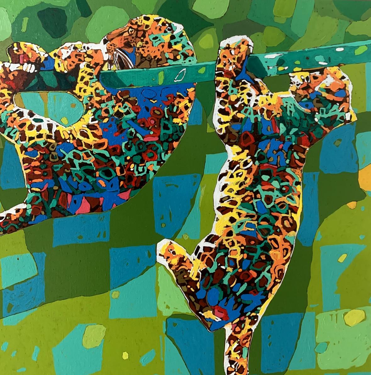 Quadro figurativo contemporaneo ad olio su tela dell'artista polacco Rafal Gadowski. Quadro in stile pop art che raffigura due gatti selvatici - pantere che si arrampicano su un albero. Lo sfondo è geometrico e prevalentemente di colore verde e blu.