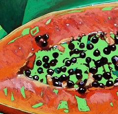 Papaye 12. Peinture à l'huile figurative, colorée, Pop art, fruits, artiste polonais