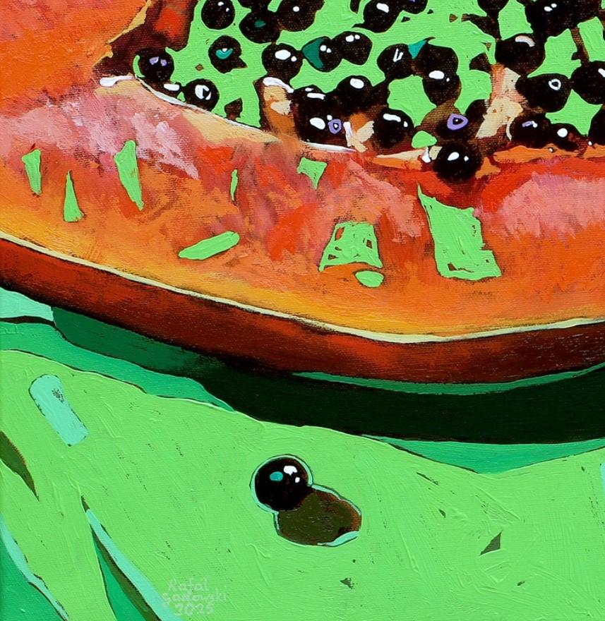 Papaya 12. Figurative Ölmalerei, farbenfroh, Pop-Art, Früchte, polnischer Künstler (Sonstige Kunststile), Painting, von Rafał Gadowski