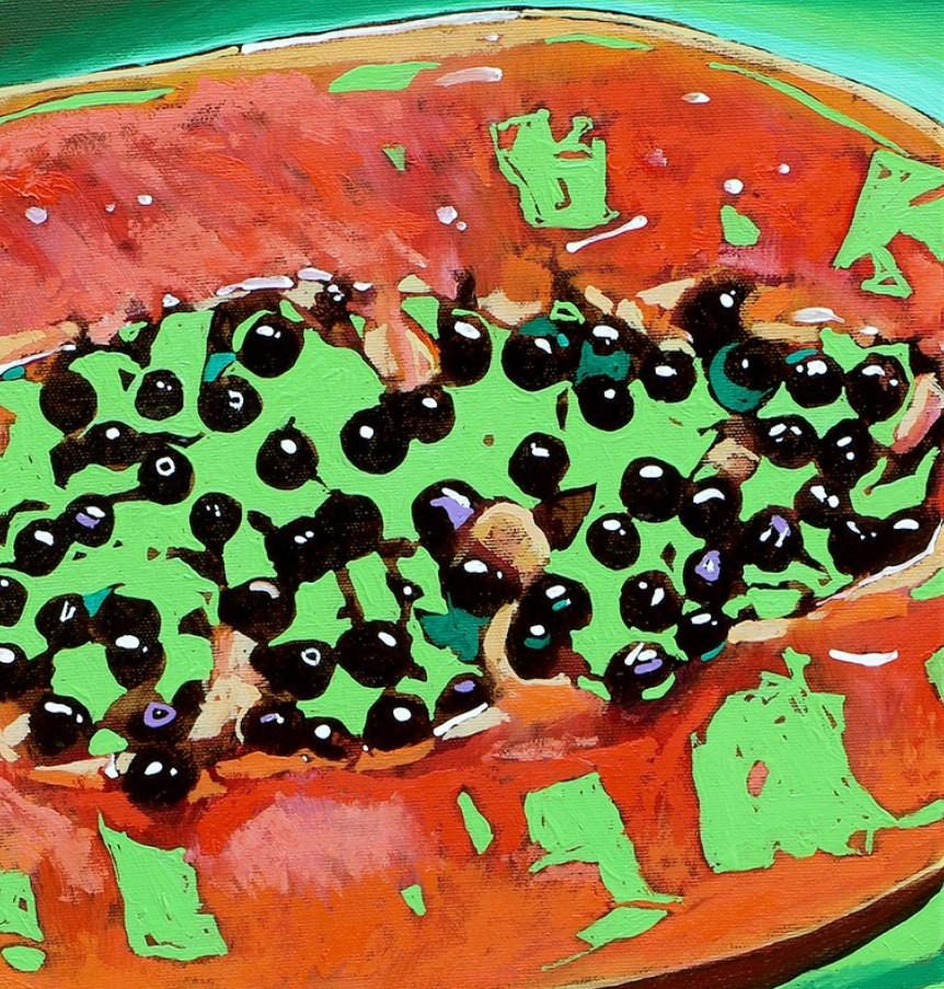Papaya 12. Figurative Ölmalerei, farbenfroh, Pop-Art, Früchte, polnischer Künstler (Grün), Still-Life Painting, von Rafał Gadowski