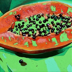 Papaye 12. Peinture à l'huile figurative, colorée, Pop art, fruits, artiste polonais