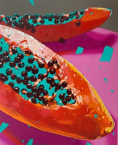 Papayas 10. Figurative Oil Painting, Colorful Pop art, Still life, Polish art